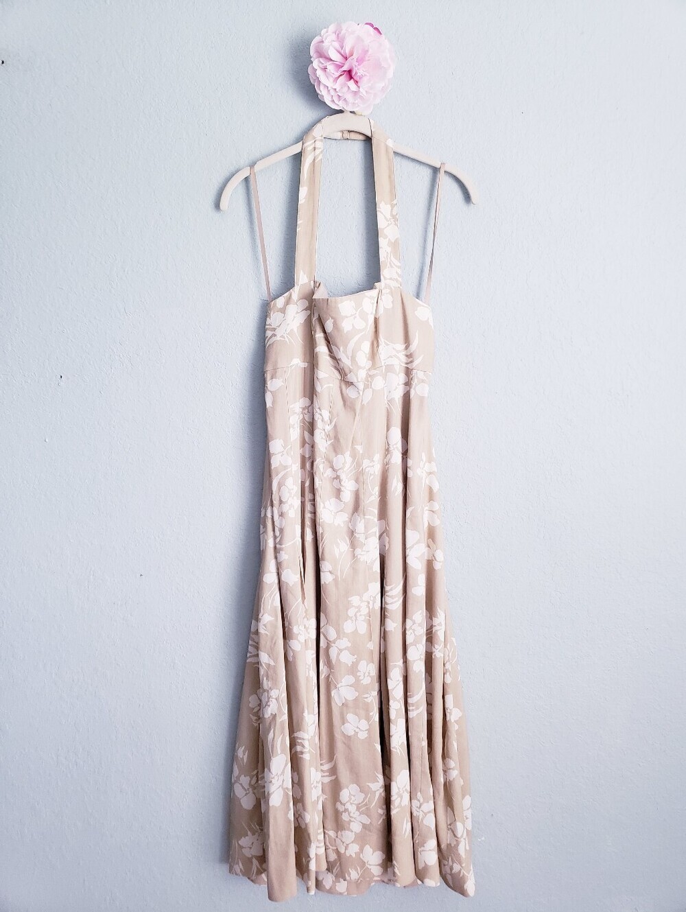 Veronica Beard Amalia Khaki & White Floral Cotton Blend Halter Dress - Picture 2 of 10